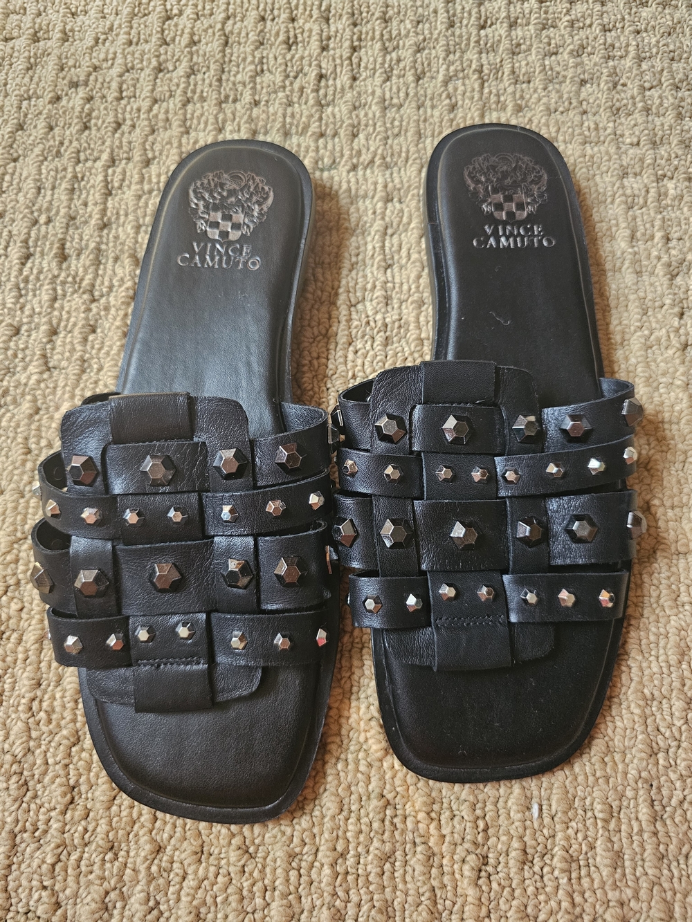 Vince Camuto Black Woven Studded Leather Slide Sandals